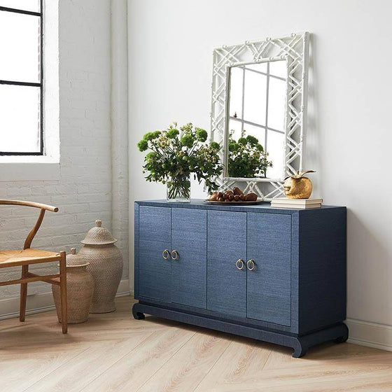Lacquered Navy Grasscloth Cabinet
